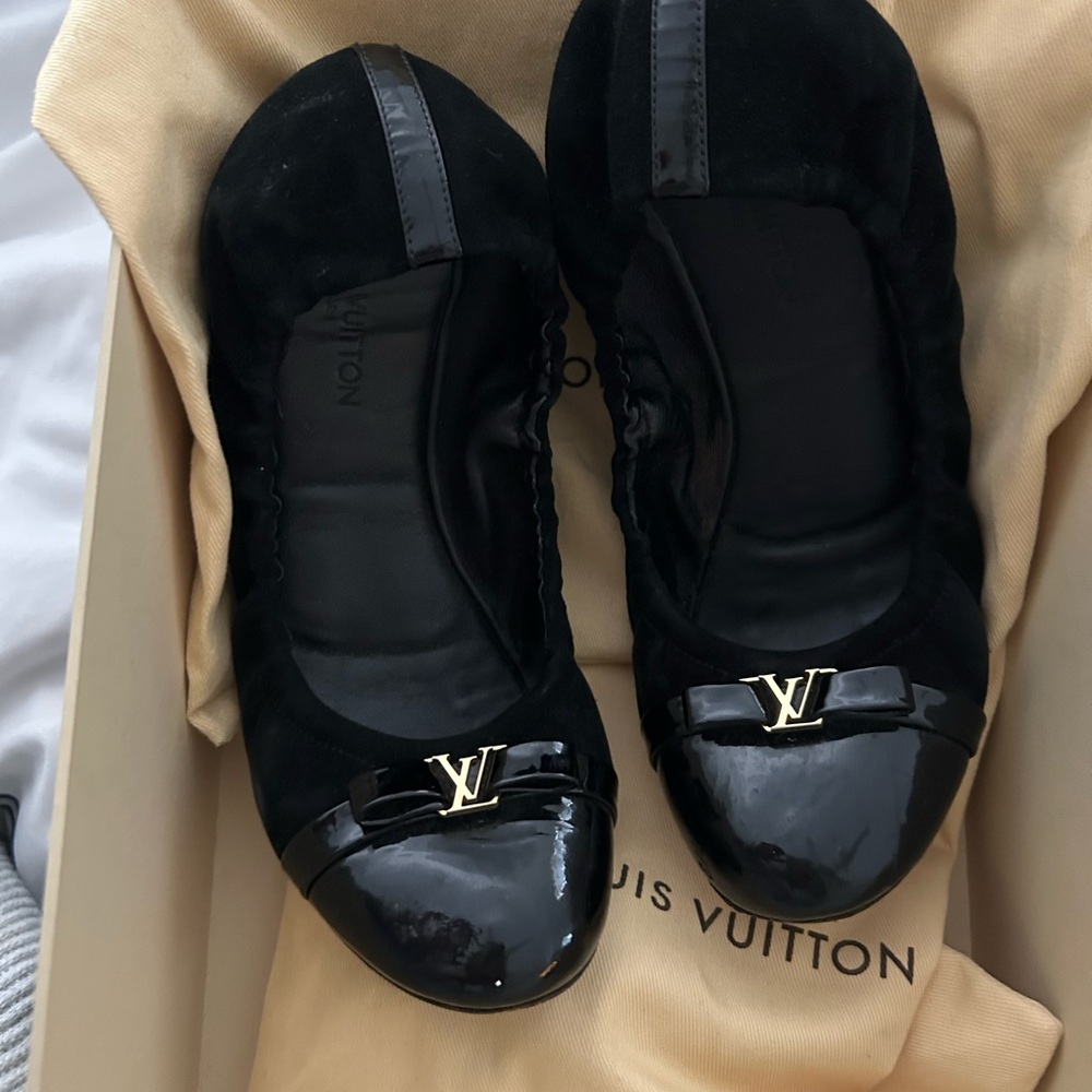 Louis Vuitton Black Flats with Patent Leather Cap Toe